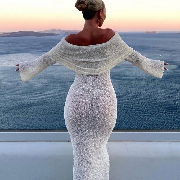 Sexy Women's Beach Vacation Style Plain Semi-Sheer off shoulder maxi Dress - Picture 2 of 10